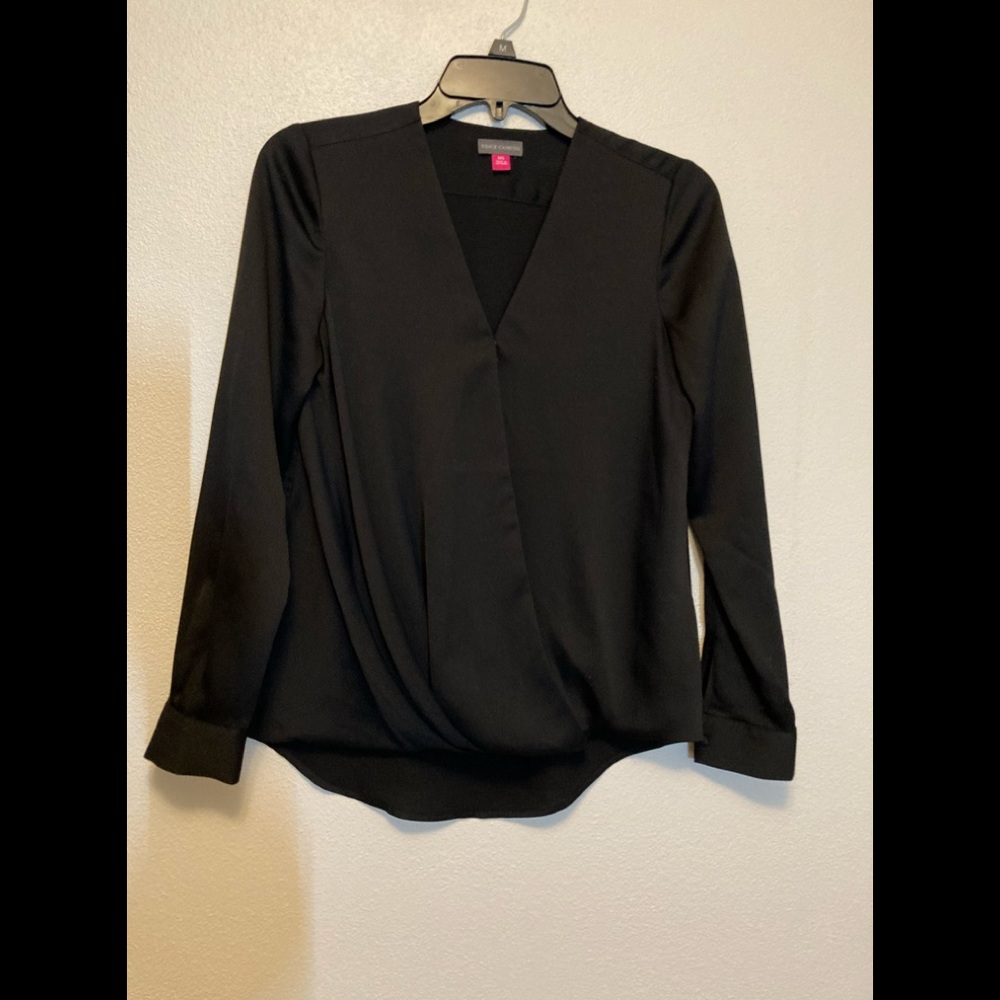 Black Vince Camuto Draped Front Sheer Top